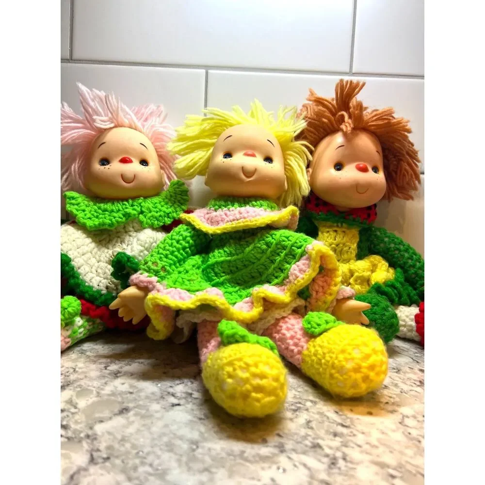 3 Vintage Crochet & Vinyl Dolls Retro Strawberry Lollipop Shortcake Style Yarn